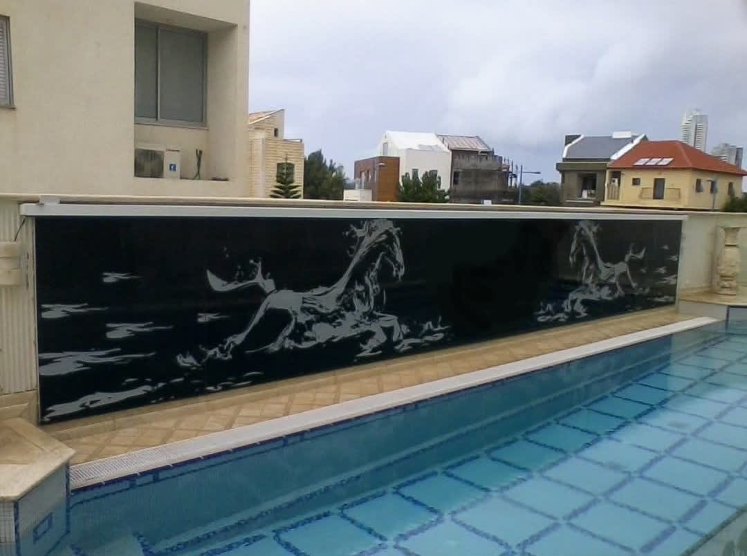A large horse mural installed beside a residential swimming pool.
